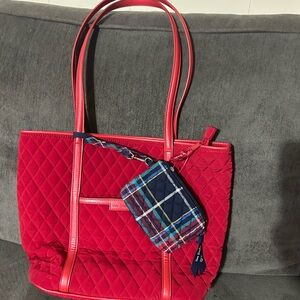 Vera Bradley Red Quilted Tote with Plaid Pouch
